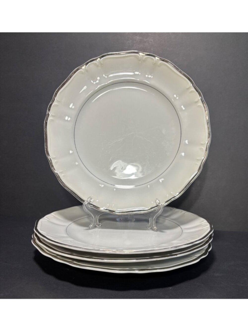 Harmony House Silver Sonata Set Of 4 Fine China Dinner Plates Japan Vintage 60s